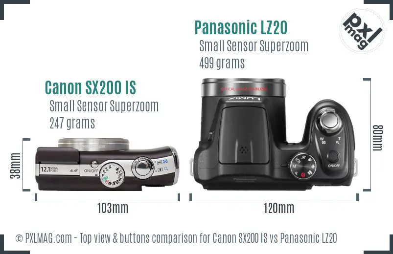 Canon SX200 IS vs Panasonic LZ20 top view buttons comparison Canon SX200 IS vs Panasonic LZ20 top view buttons comparison