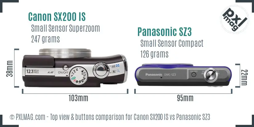 Canon SX200 IS vs Panasonic SZ3 top view buttons comparison