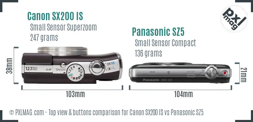 Canon SX200 IS vs Panasonic SZ5 top view buttons comparison Canon SX200 IS vs Panasonic SZ5 top view buttons comparison