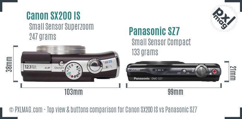 Canon SX200 IS vs Panasonic SZ7 top view buttons comparison