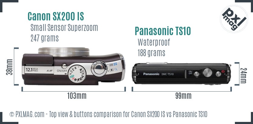 Canon SX200 IS vs Panasonic TS10 top view buttons comparison