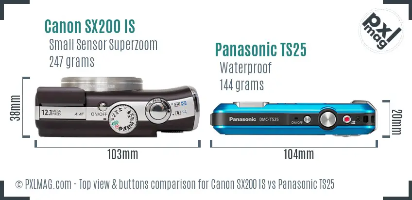 Canon SX200 IS vs Panasonic TS25 top view buttons comparison