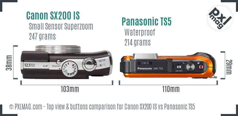 Canon SX200 IS vs Panasonic TS5 top view buttons comparison Canon SX200 IS vs Panasonic TS5 top view buttons comparison