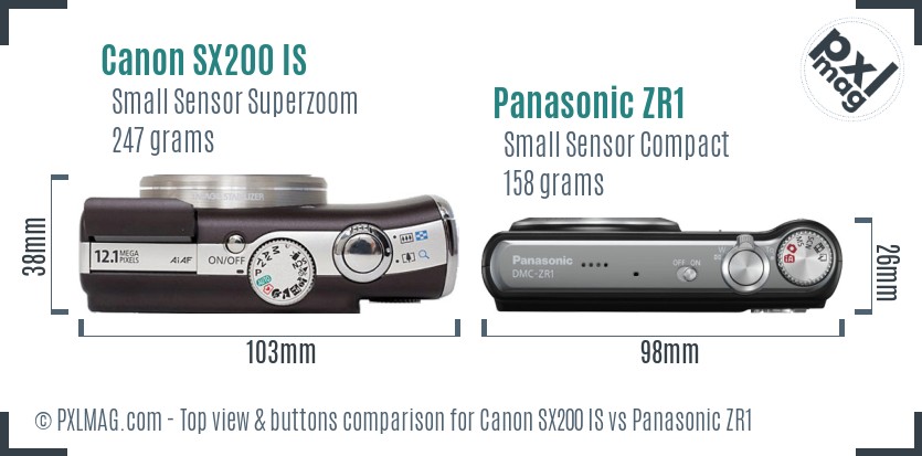 Canon SX200 IS vs Panasonic ZR1 top view buttons comparison