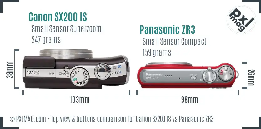Canon SX200 IS vs Panasonic ZR3 top view buttons comparison Canon SX200 IS vs Panasonic ZR3 top view buttons comparison