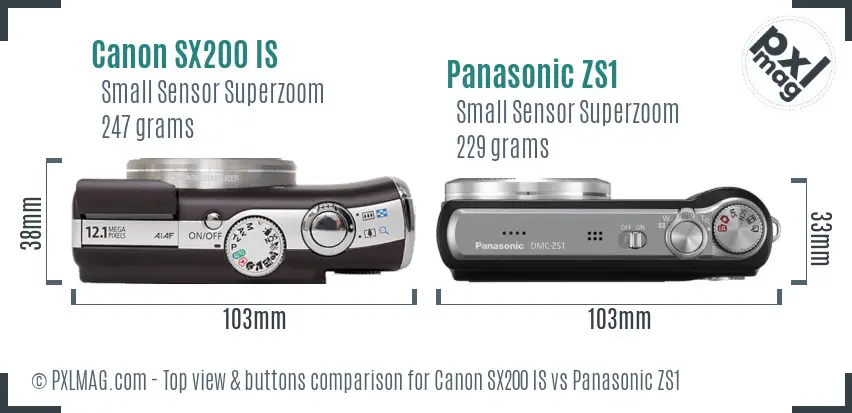 Canon SX200 IS vs Panasonic ZS1 top view buttons comparison