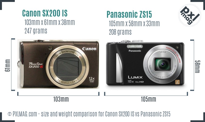 Canon SX200 IS vs Panasonic ZS15 size comparison