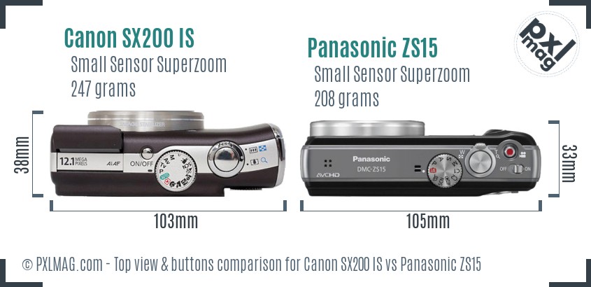 Canon SX200 IS vs Panasonic ZS15 top view buttons comparison