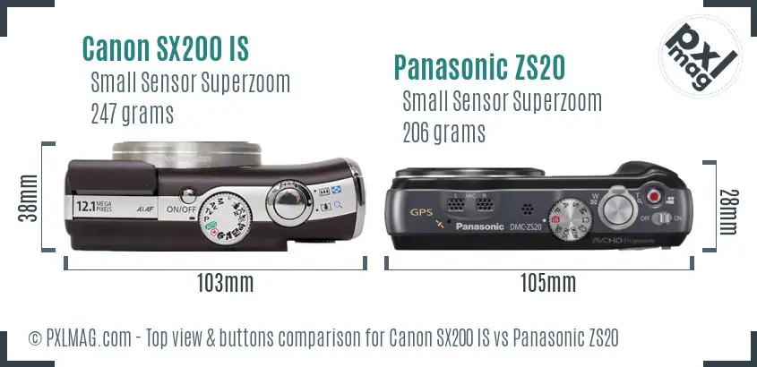 Canon SX200 IS vs Panasonic ZS20 top view buttons comparison