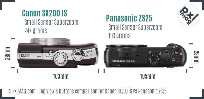 Canon SX200 IS vs Panasonic ZS25 top view buttons comparison Canon SX200 IS vs Panasonic ZS25 top view buttons comparison