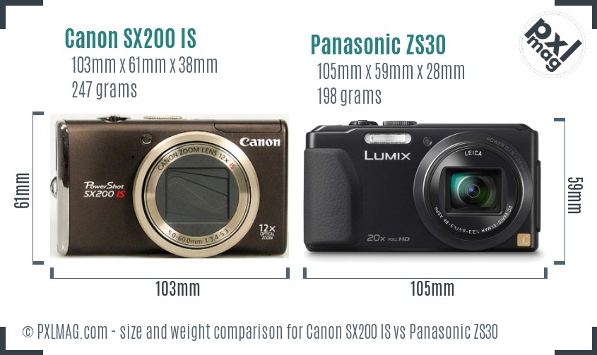 Canon SX200 IS vs Panasonic ZS30 size comparison