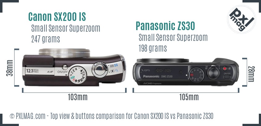 Canon SX200 IS vs Panasonic ZS30 top view buttons comparison