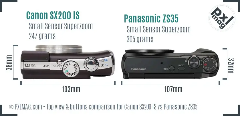 Canon SX200 IS vs Panasonic ZS35 top view buttons comparison