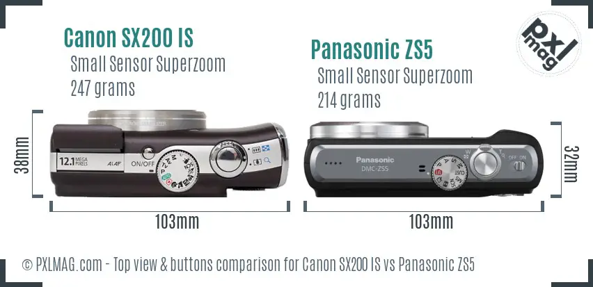 Canon SX200 IS vs Panasonic ZS5 top view buttons comparison