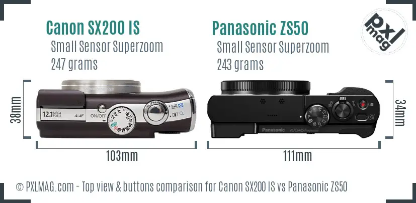 Canon SX200 IS vs Panasonic ZS50 top view buttons comparison