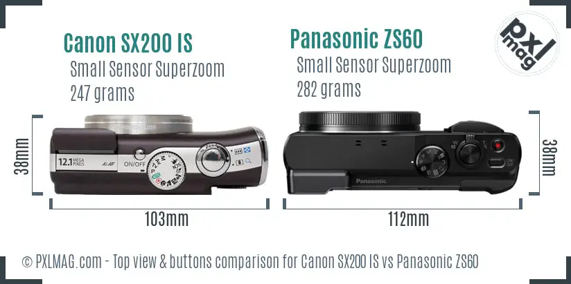 Canon SX200 IS vs Panasonic ZS60 top view buttons comparison
