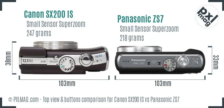 Canon SX200 IS vs Panasonic ZS7 top view buttons comparison