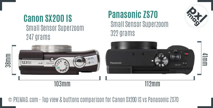 Canon SX200 IS vs Panasonic ZS70 top view buttons comparison