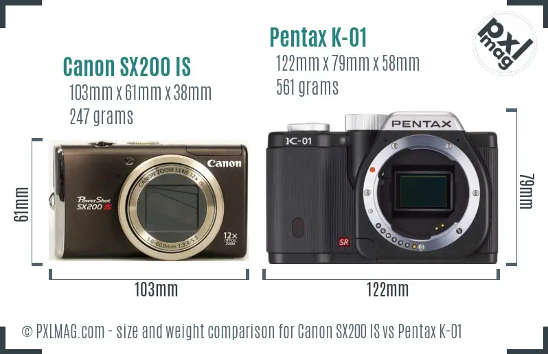 Canon SX200 IS vs Pentax K-01 size comparison