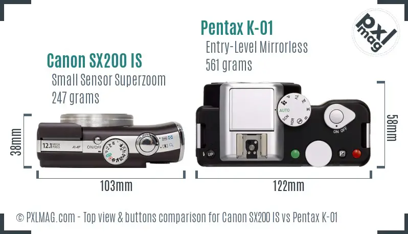 Canon SX200 IS vs Pentax K-01 top view buttons comparison