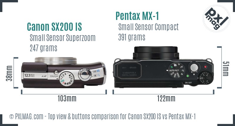 Canon SX200 IS vs Pentax MX-1 top view buttons comparison