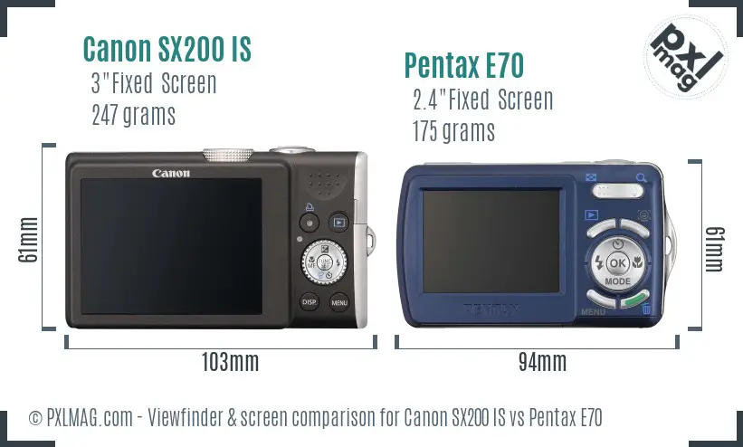 Canon SX200 IS vs Pentax E70 Screen and Viewfinder comparison