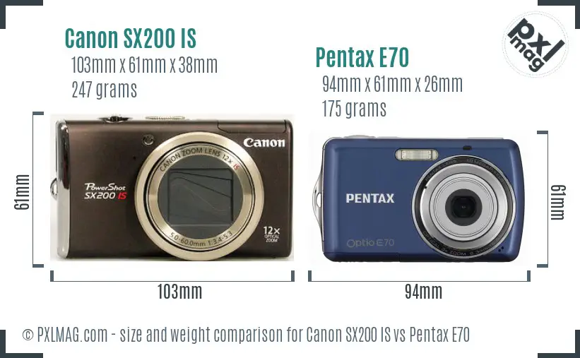Canon SX200 IS vs Pentax E70 size comparison