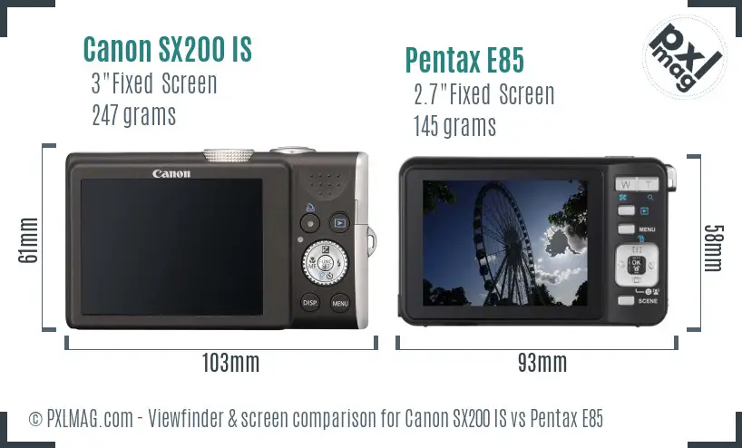 Canon SX200 IS vs Pentax E85 Screen and Viewfinder comparison