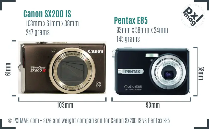 Canon SX200 IS vs Pentax E85 size comparison