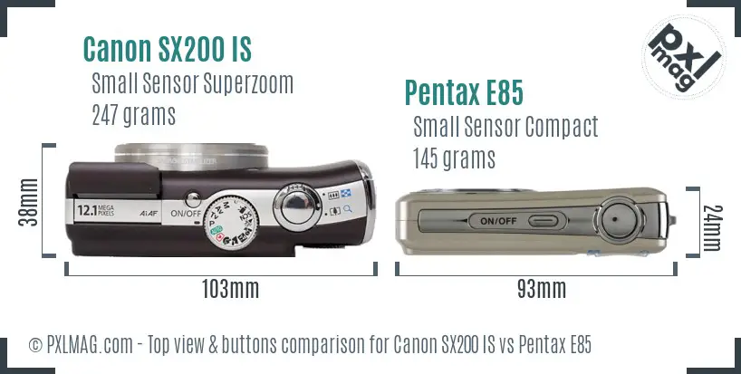 Canon SX200 IS vs Pentax E85 top view buttons comparison