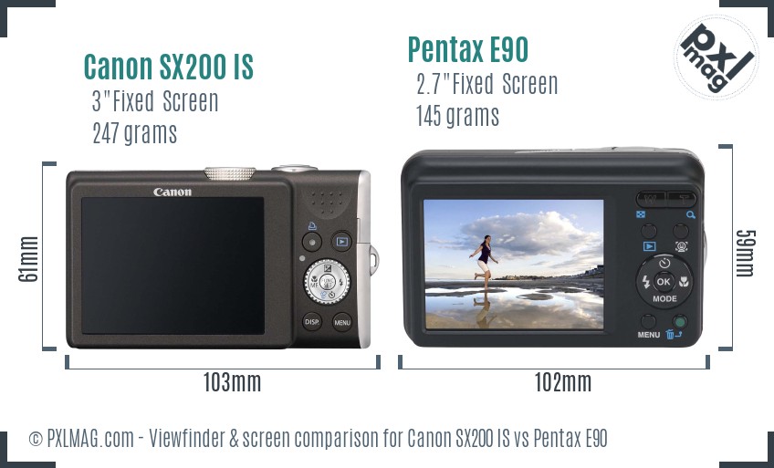 Canon SX200 IS vs Pentax E90 Screen and Viewfinder comparison
