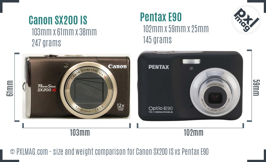Canon SX200 IS vs Pentax E90 size comparison