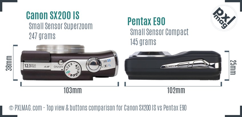 Canon SX200 IS vs Pentax E90 top view buttons comparison