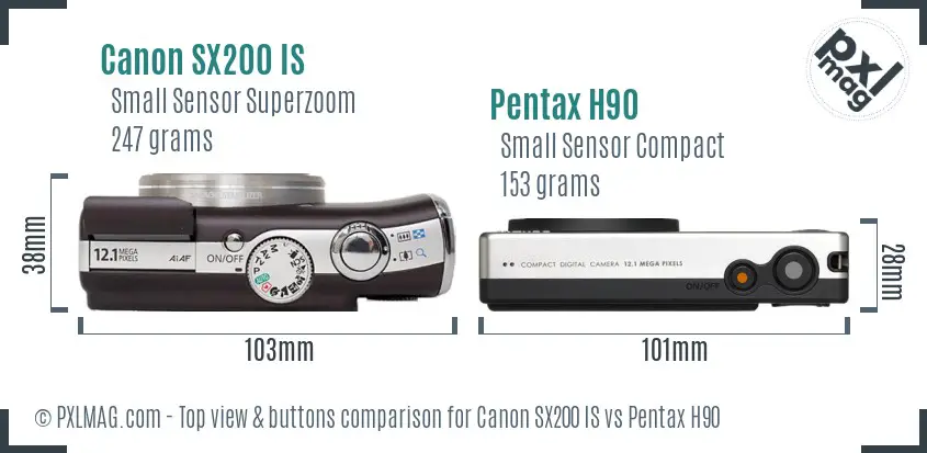 Canon SX200 IS vs Pentax H90 top view buttons comparison