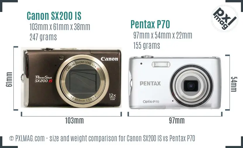 Canon SX200 IS vs Pentax P70 size comparison