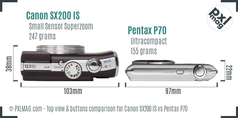 Canon SX200 IS vs Pentax P70 top view buttons comparison