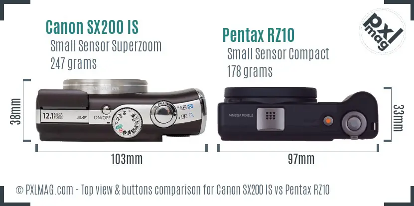 Canon SX200 IS vs Pentax RZ10 top view buttons comparison