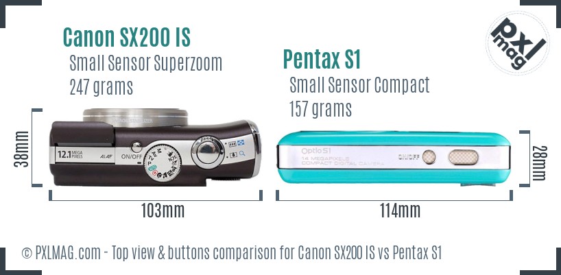Canon SX200 IS vs Pentax S1 top view buttons comparison