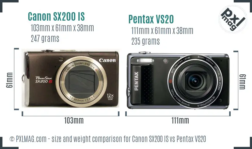 Canon SX200 IS vs Pentax VS20 size comparison