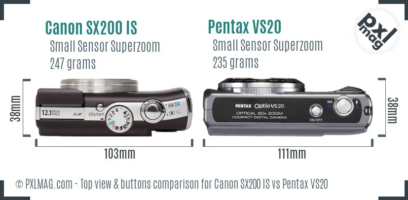 Canon SX200 IS vs Pentax VS20 top view buttons comparison