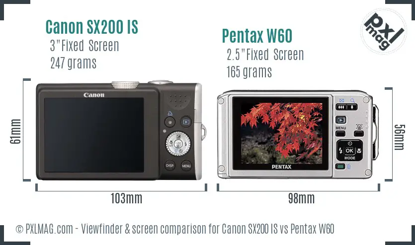 Canon SX200 IS vs Pentax W60 Screen and Viewfinder comparison