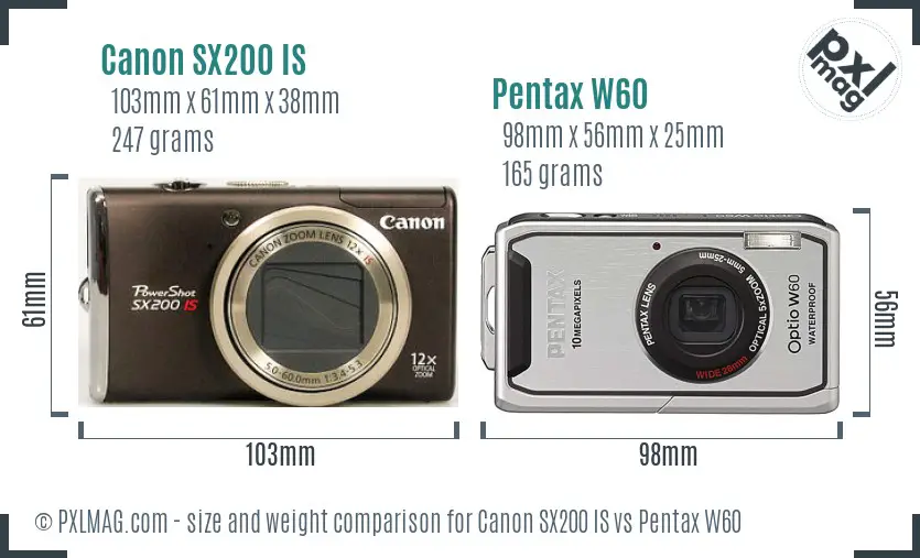 Canon SX200 IS vs Pentax W60 size comparison