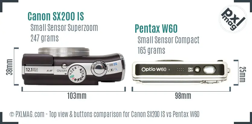 Canon SX200 IS vs Pentax W60 top view buttons comparison