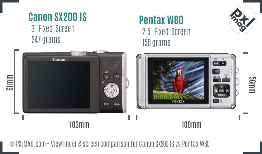 Canon SX200 IS vs Pentax W80 Screen and Viewfinder comparison