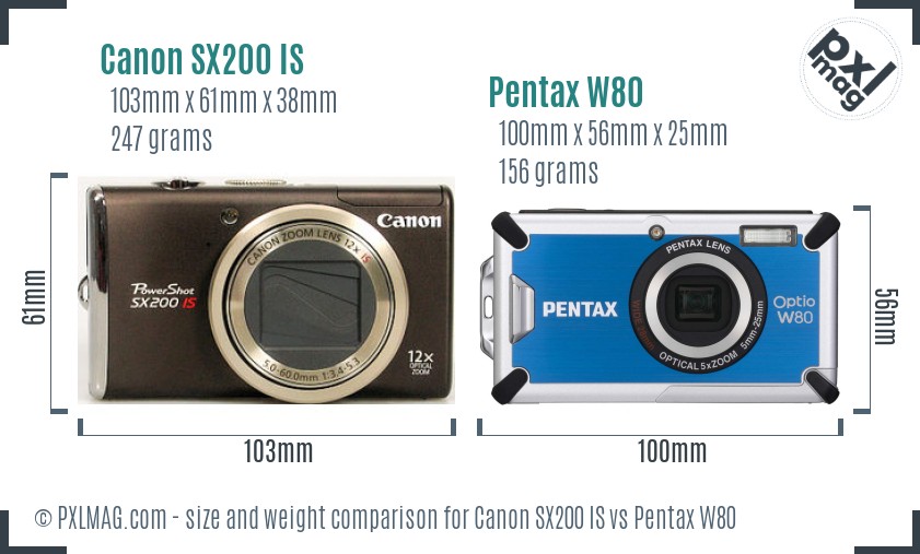 Canon SX200 IS vs Pentax W80 size comparison