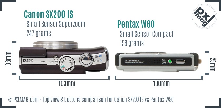 Canon SX200 IS vs Pentax W80 top view buttons comparison