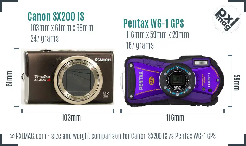Canon SX200 IS vs Pentax WG-1 GPS size comparison Canon SX200 IS vs Pentax WG-1 GPS size comparison