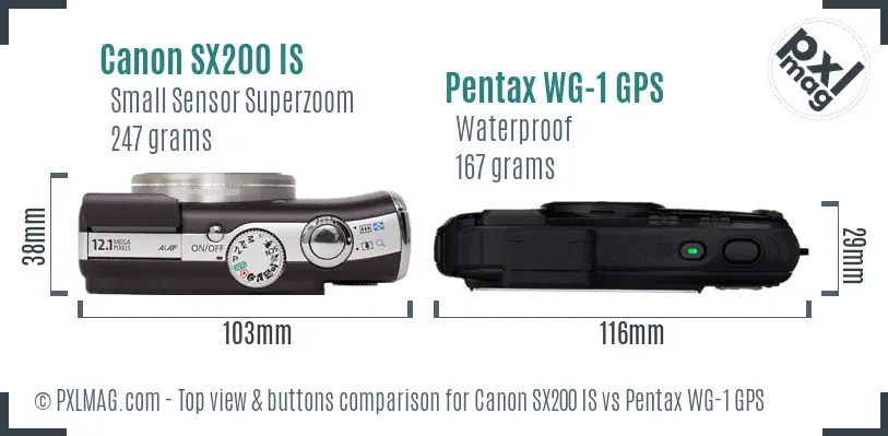 Canon SX200 IS vs Pentax WG-1 GPS top view buttons comparison Canon SX200 IS vs Pentax WG-1 GPS top view buttons comparison