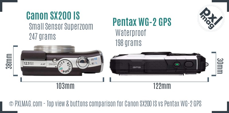 Canon SX200 IS vs Pentax WG-2 GPS top view buttons comparison