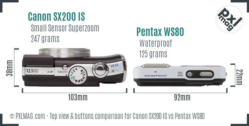 Canon SX200 IS vs Pentax WS80 top view buttons comparison